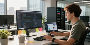 Engaged developer in a modern office coding for 纸飞机下载 with innovative tech setup and natural light.
