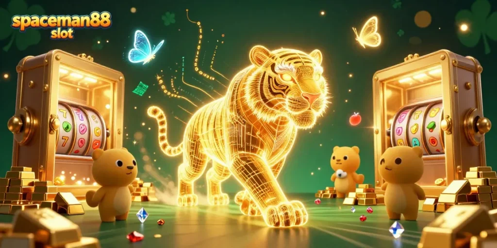 Experience the thrill of spaceman88 slot as the golden tiger navigates a vibrant digital casino landscape.