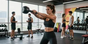 Athletic woman showcasing the best macro tracking app while exercising in a modern gym.
